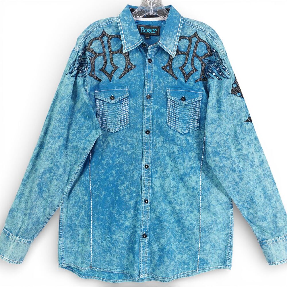 Roar Shirt Mens Large Blue Embroidered Western Long Sleeve Contrast Cuffs Trim